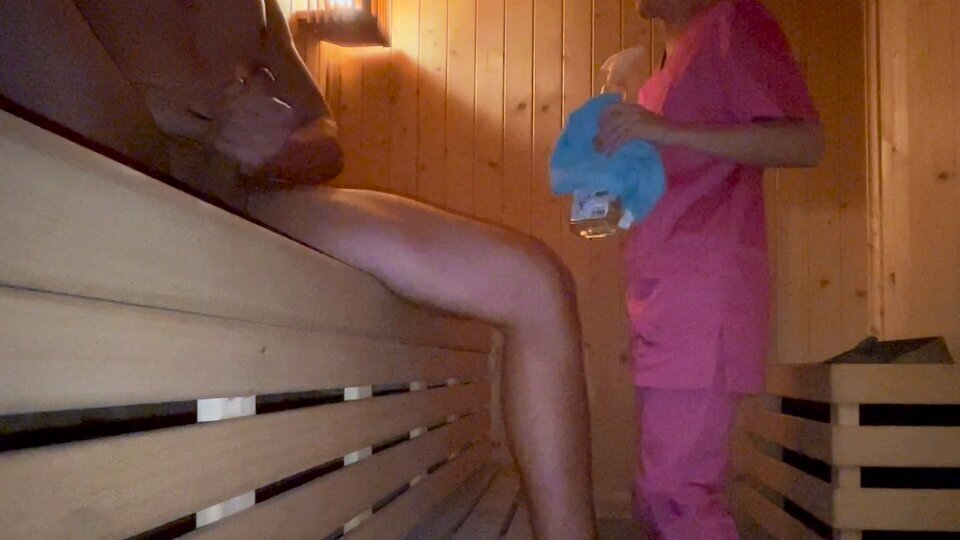 The spa cleaner catches me touching myself in the sauna and helps me finish cumming
