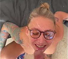 Homemade blowjob with socks on and huge cumshot on face