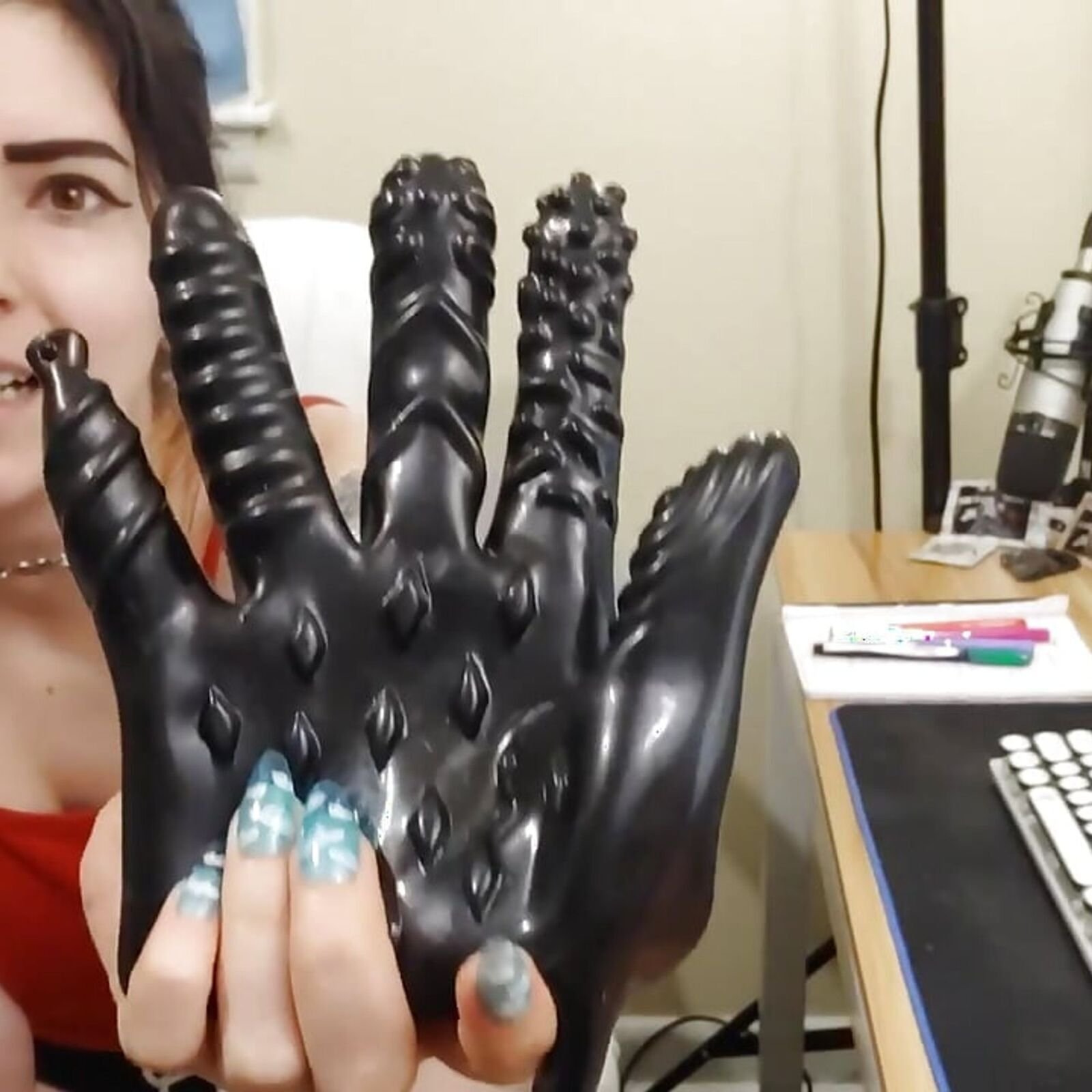 trying out a dildo glove