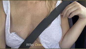 Horny wife just loves flashing tits in the car